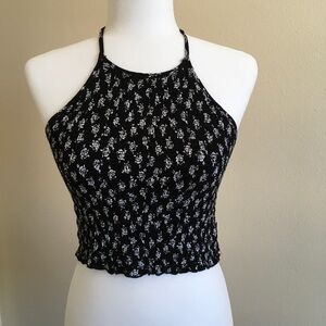 Smocked Floral Black & White Cropped Halter Top